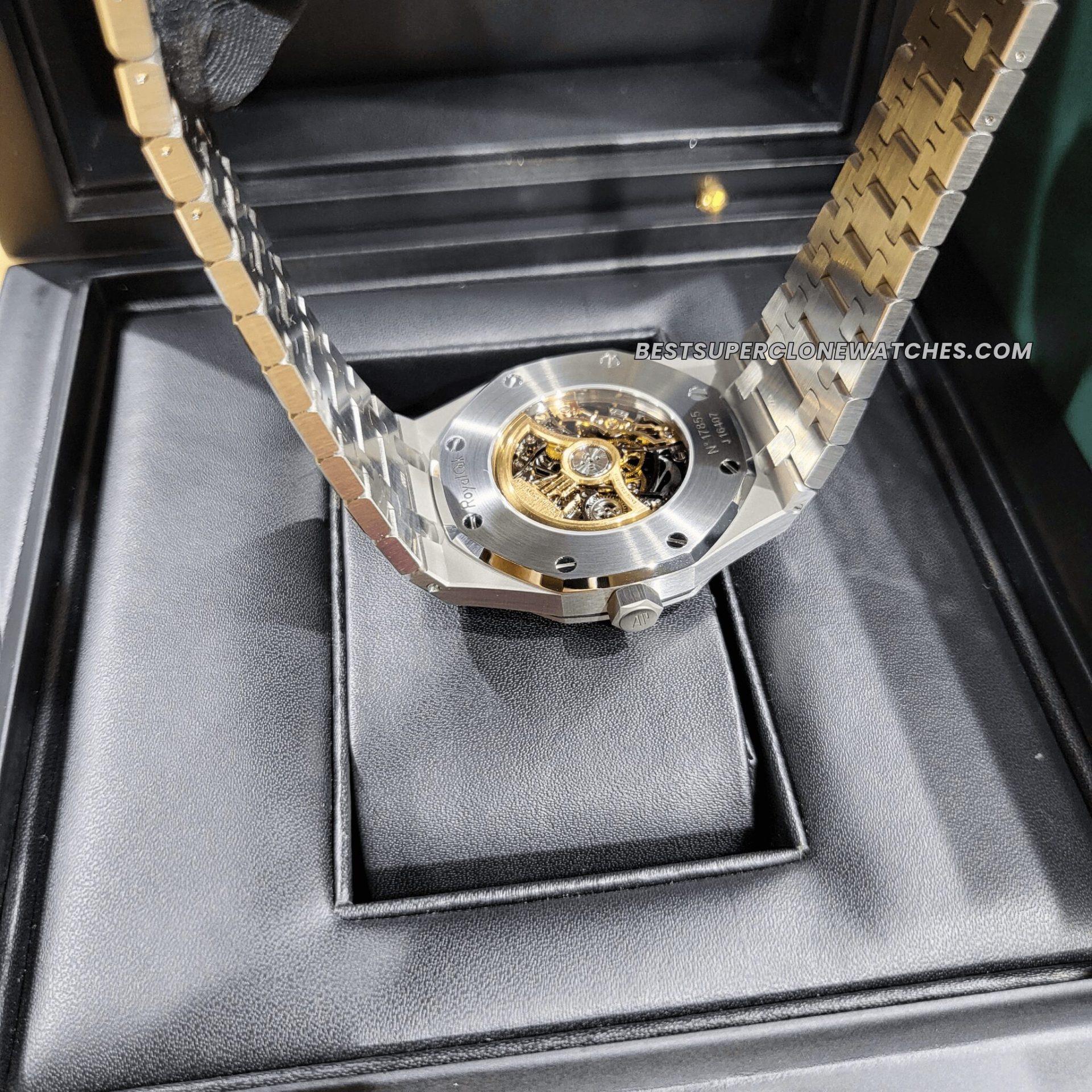 Close-up of fake AP skeleton dial with luminous hands and stainless steel accents