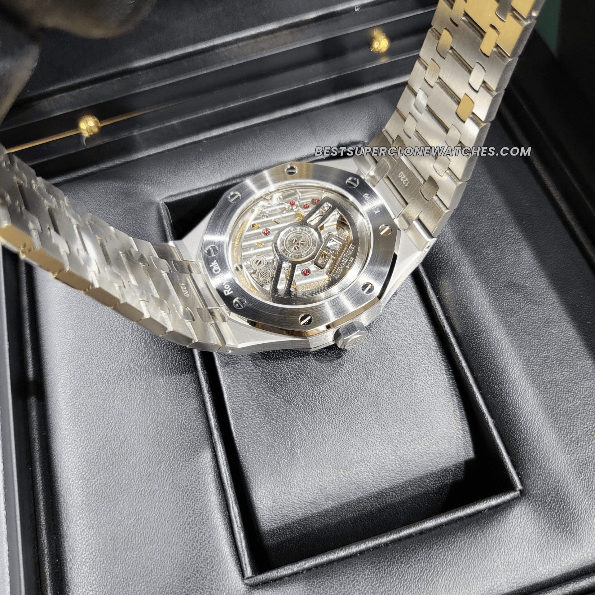 Swiss super clone AP Royal Oak with textured green dial and polished stainless steel finish