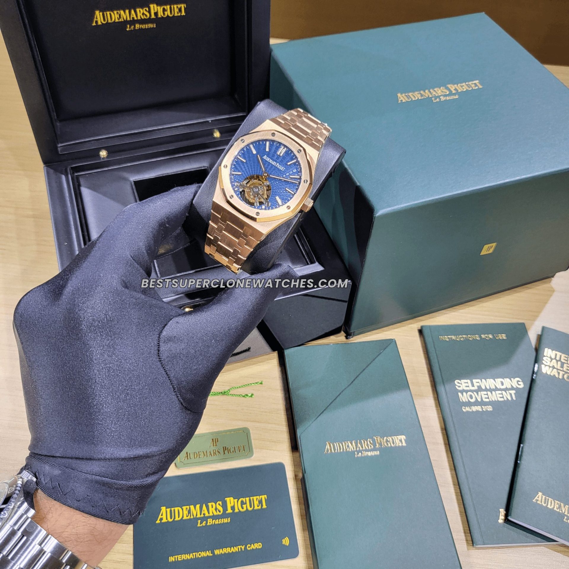 Super clone Royal Oak 2924 featuring intricate tourbillon complication and polished pink gold case