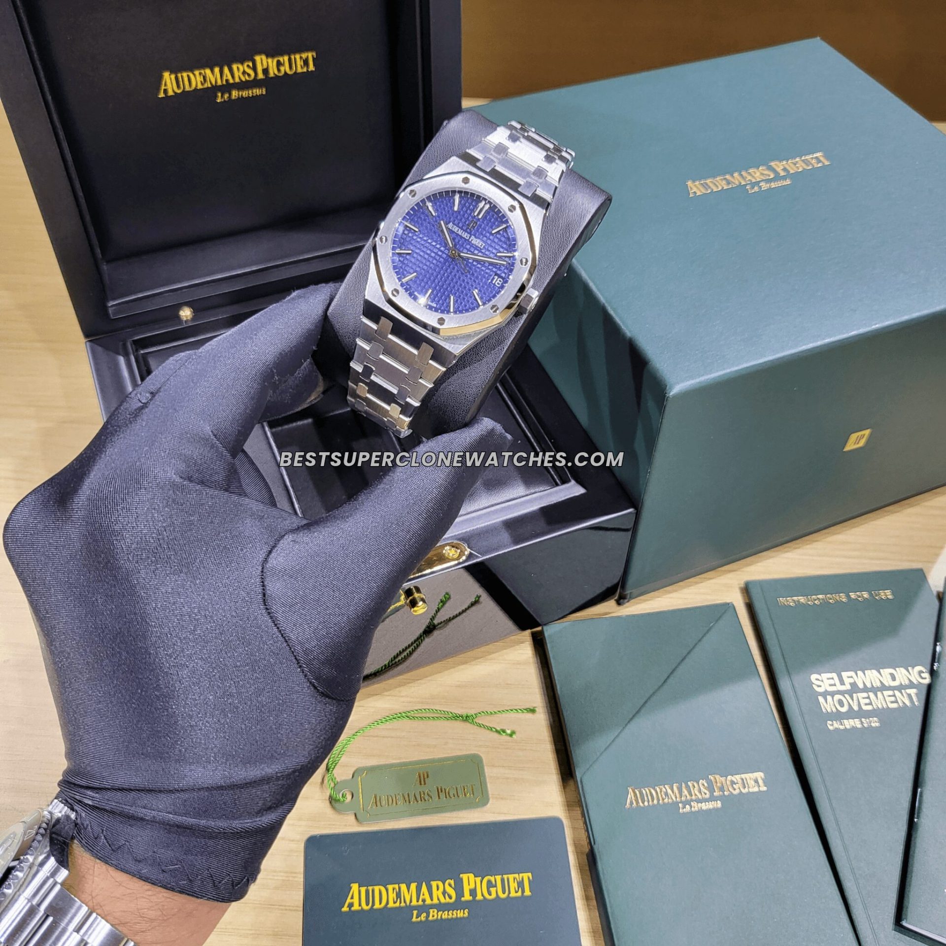 Swiss super clone of AP Royal Oak with white gold-toned case and integrated bracelet