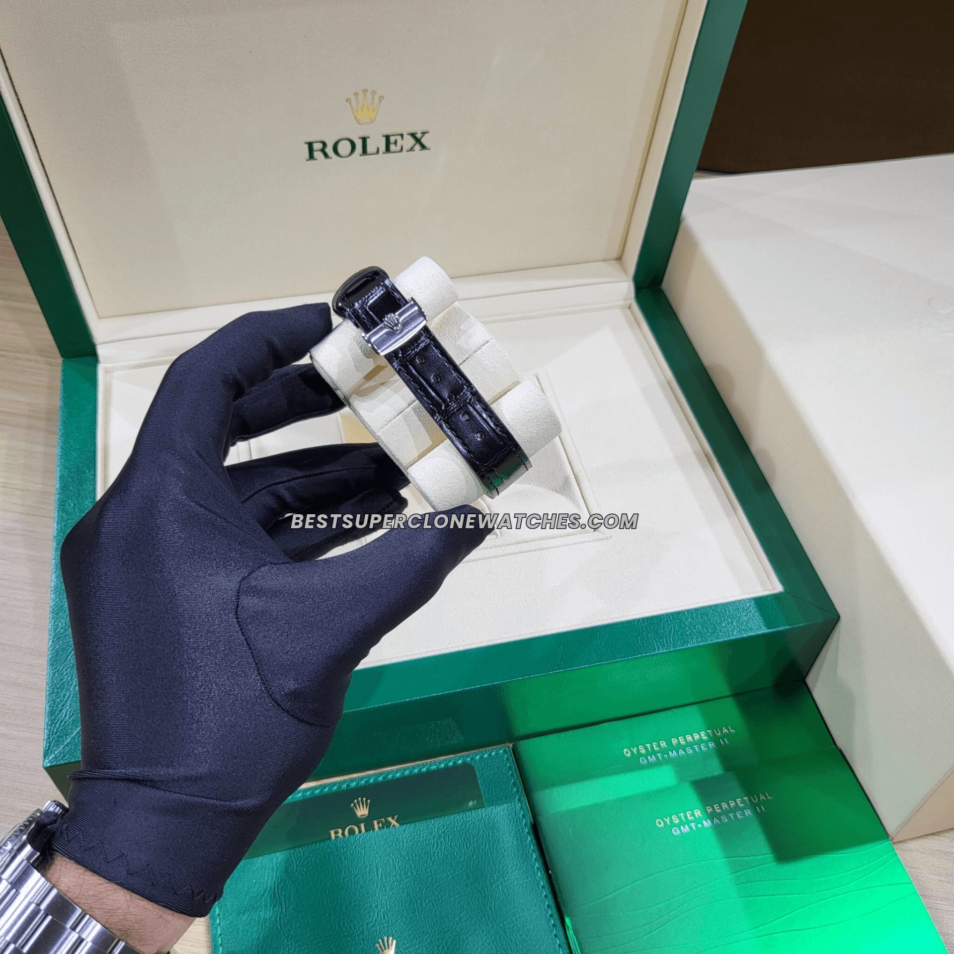 Rolex 1908 18kt White Gold Intense Black Dial Alligator Strap 7140 Swiss Super Clone Watch Ref-52509 - Image 3