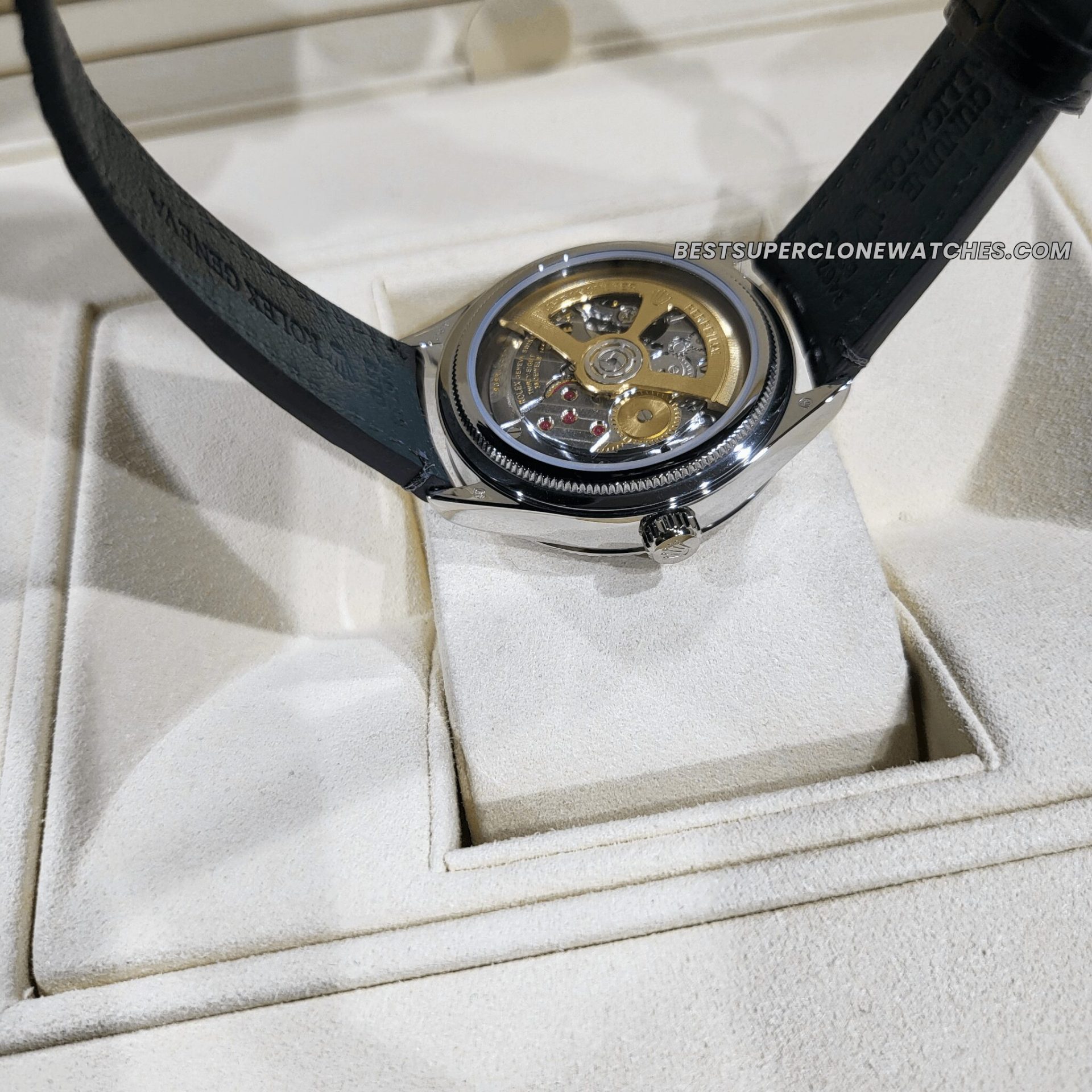 Fake Rolex 1908 watch with sophisticated black dial, white gold case, and high-end alligator strap