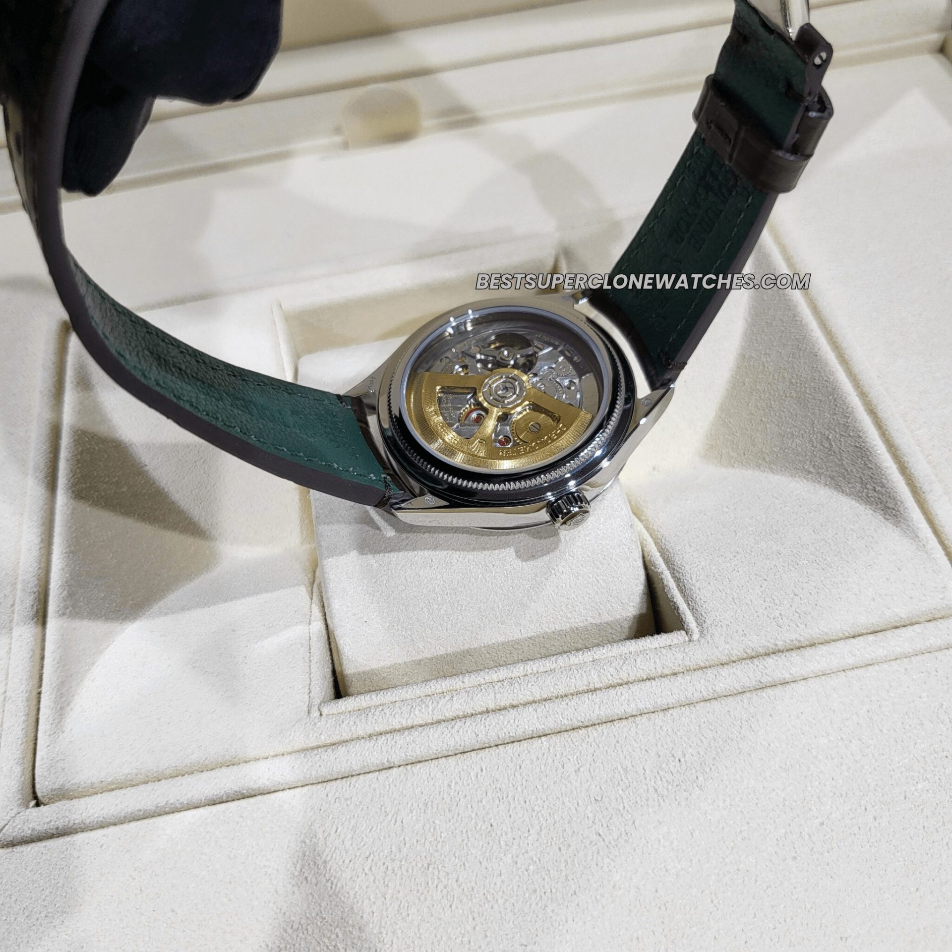 Fake Rolex 1908 watch with stunning ice blue dial, platinum case, and premium alligator strap