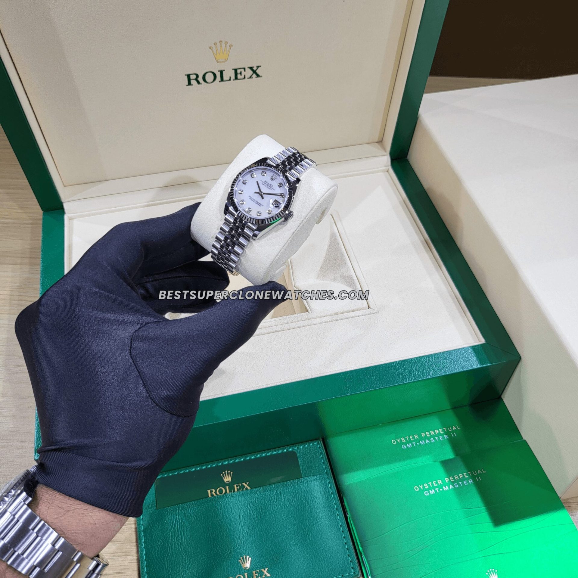 Super clone Rolex Datejust Oystersteel and White Gold Diamonds Set White Mother-of-Pearl Dial