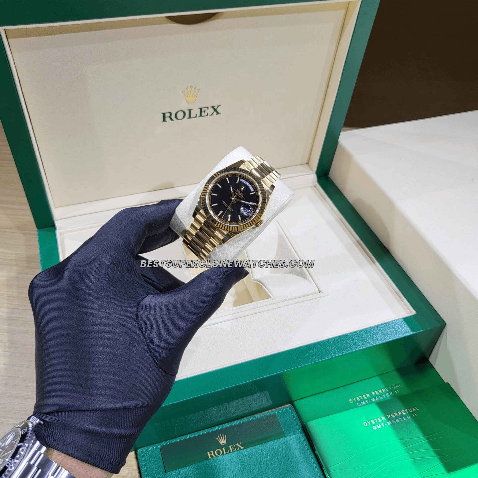 Rolex Day-Date 228238 Swiss super clone with 18kt yellow gold finish and black dial