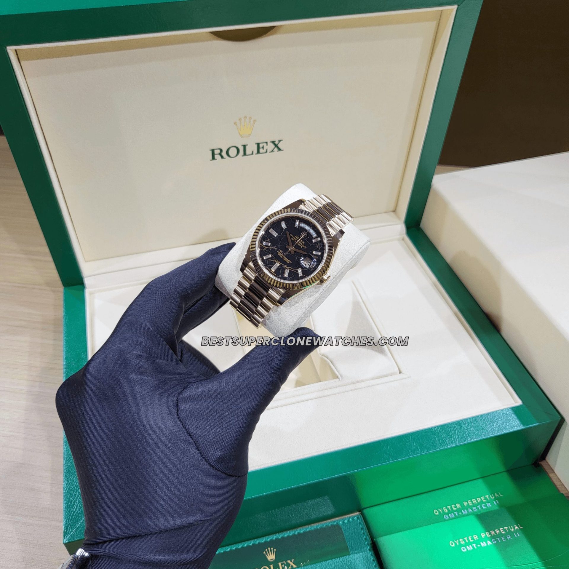 Rolex Day-Date 228235 Swiss super clone with Everose gold case and diamond-set Eisenkiesel dial