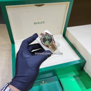 Olive green dial Rolex Day-Date super clone with polished Everose gold presidential bracelet