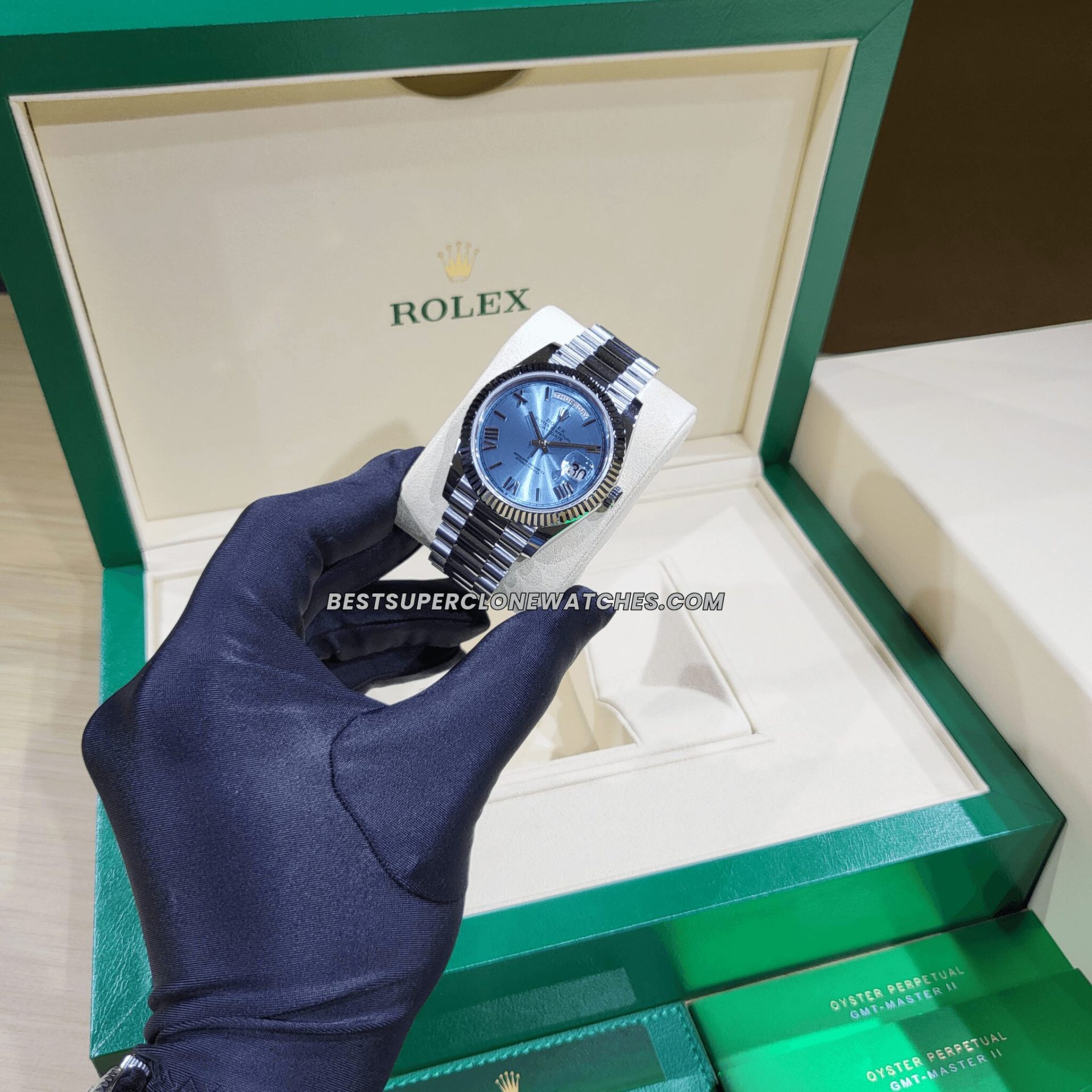 Rolex Day-Date 228236 Swiss super clone with platinum finish and ice blue dial