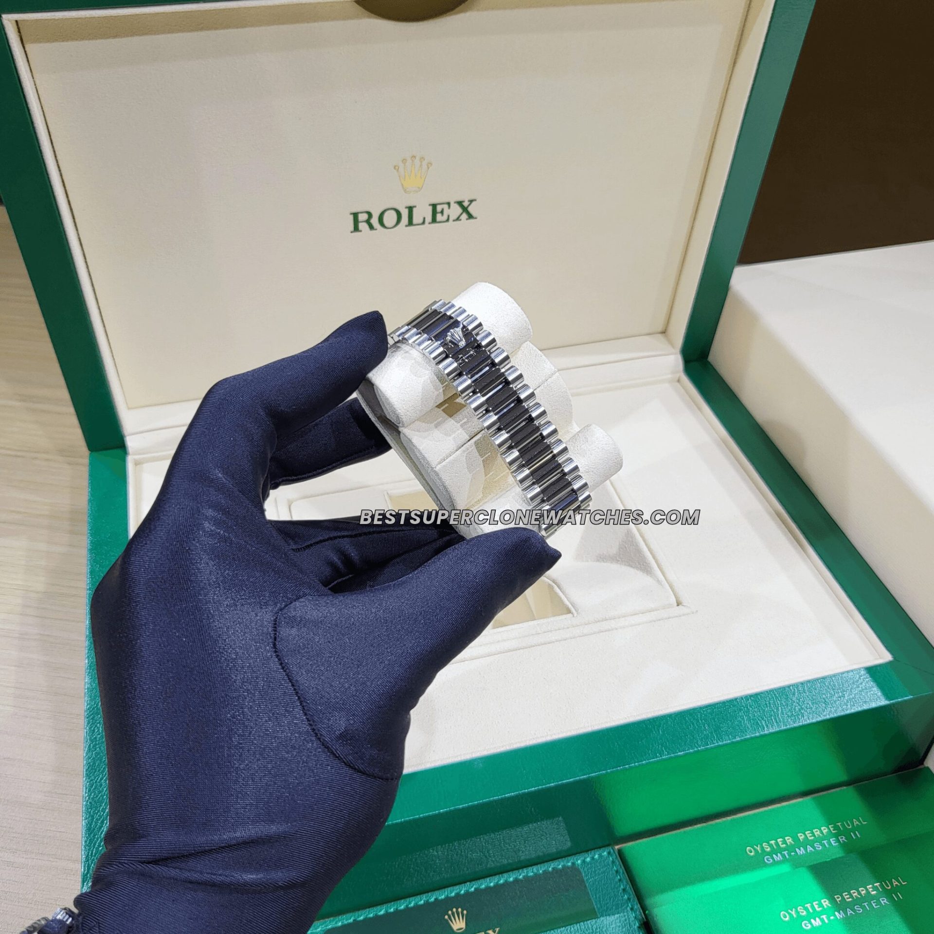 Close-up of Rolex Day-Date super clone with platinum-style case and roman numeral markers