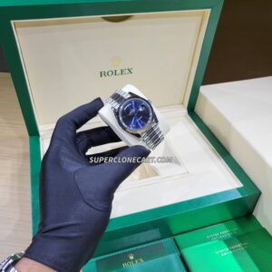 Close-up of Rolex Day-Date super clone with white gold case and blue roman numeral dial