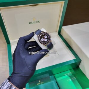 Luxury fake Rolex Daytona with oysterflex strap and chronograph functions on bright black dial