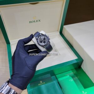 Close-up of Rolex Daytona super clone with steel dial and white gold case