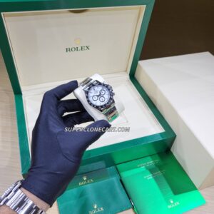Close-up of Rolex Daytona super clone with white dial and cyclops date magnifier