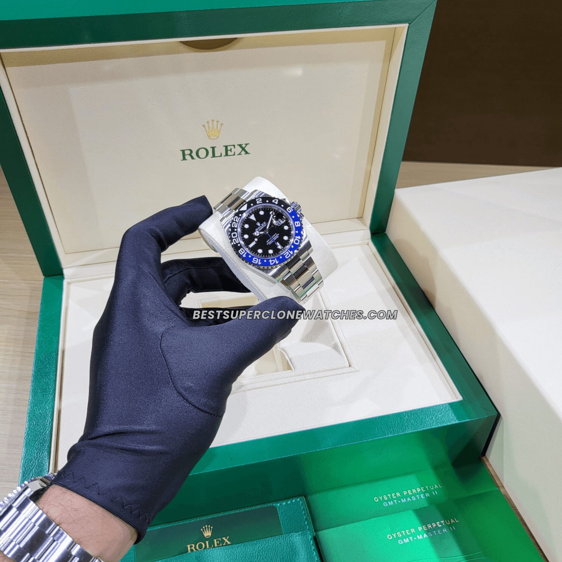 Replica Rolex GMT Master II with 3285 movement and black blue Batman bezel on oystersteel bracelet