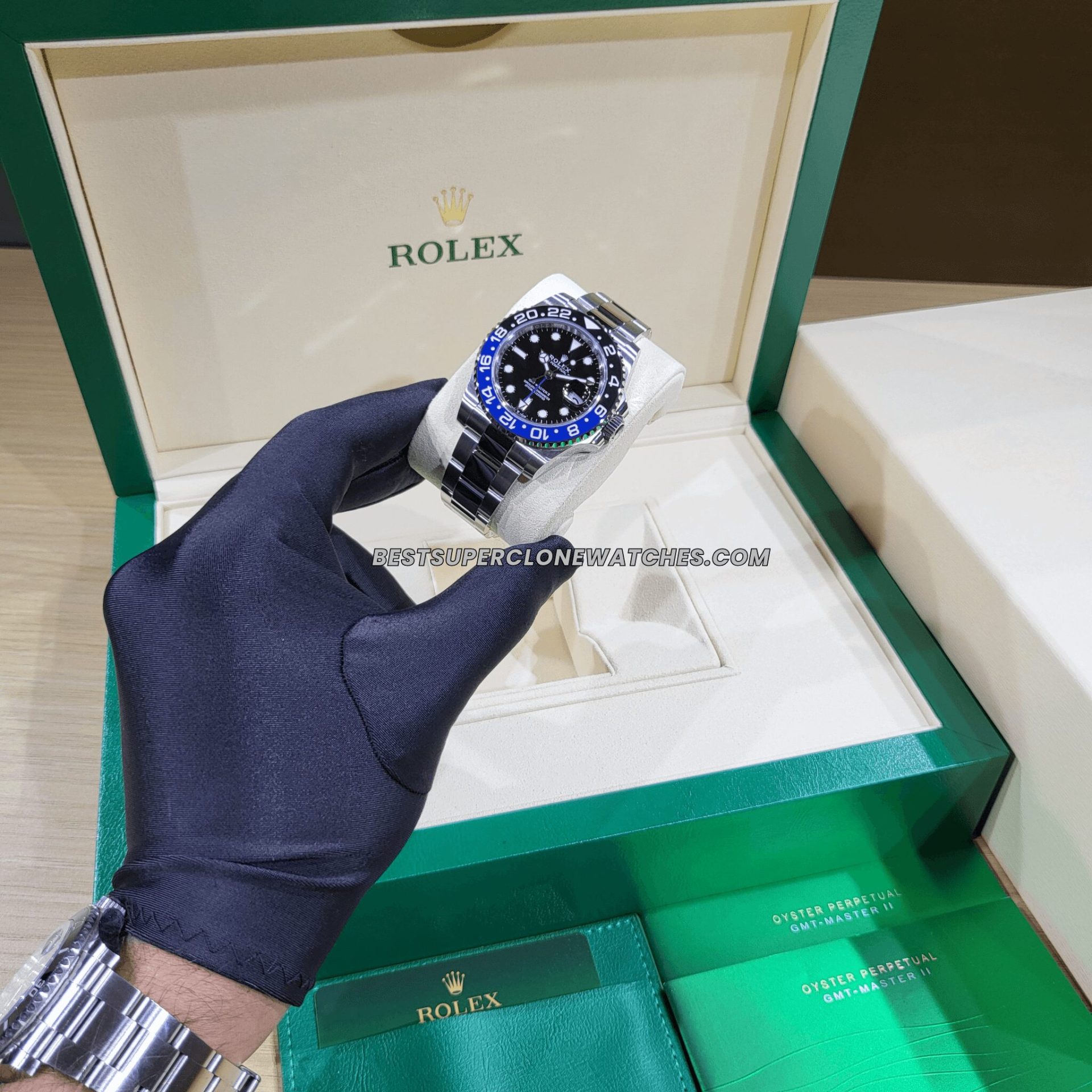 Rolex GMT Master II 126710BLNR Swiss super clone with black and blue Batman bezel and oystersteel bracelet