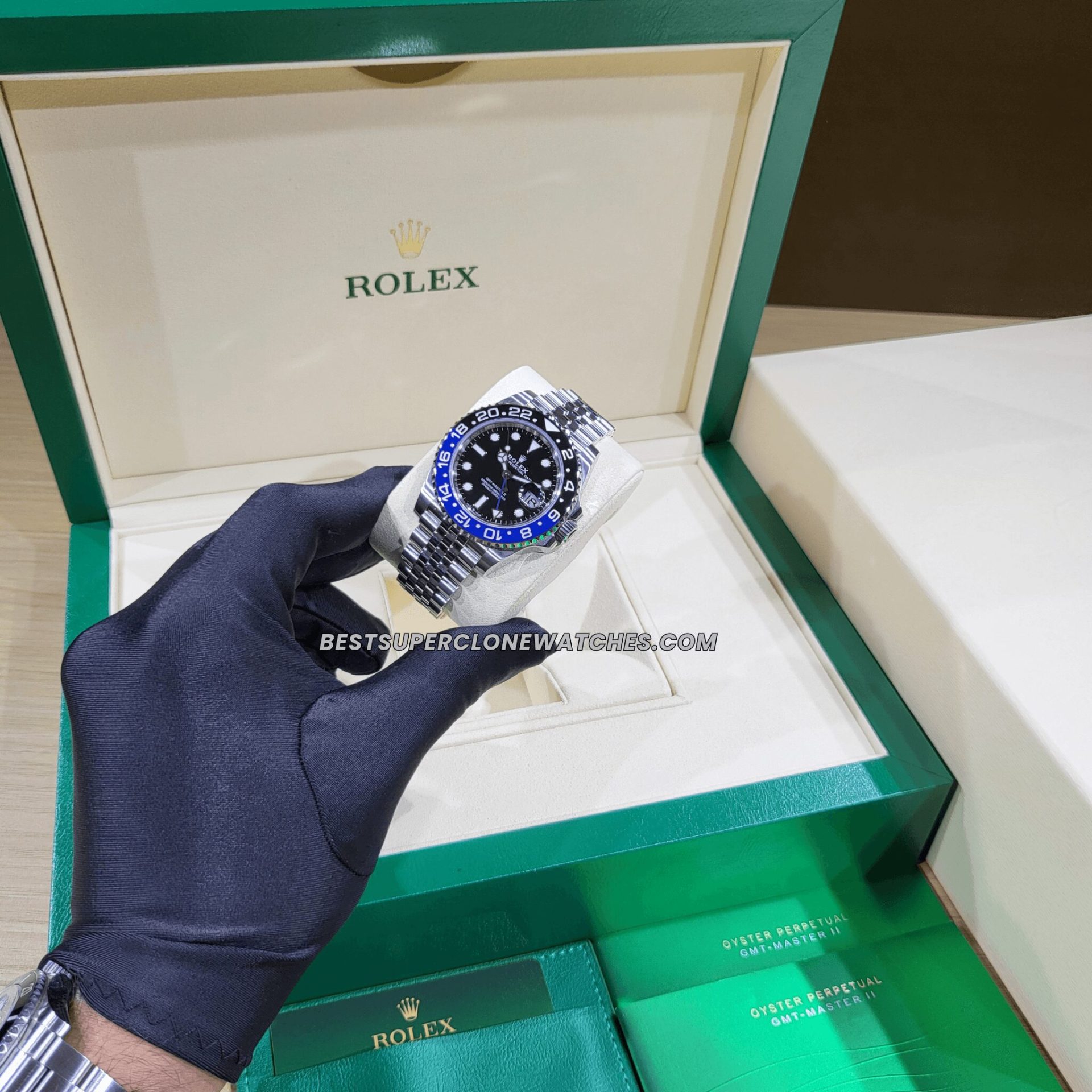 Rolex GMT Master II 126710BLNR Swiss super clone with black and blue Batgirl bezel and jubilee bracelet