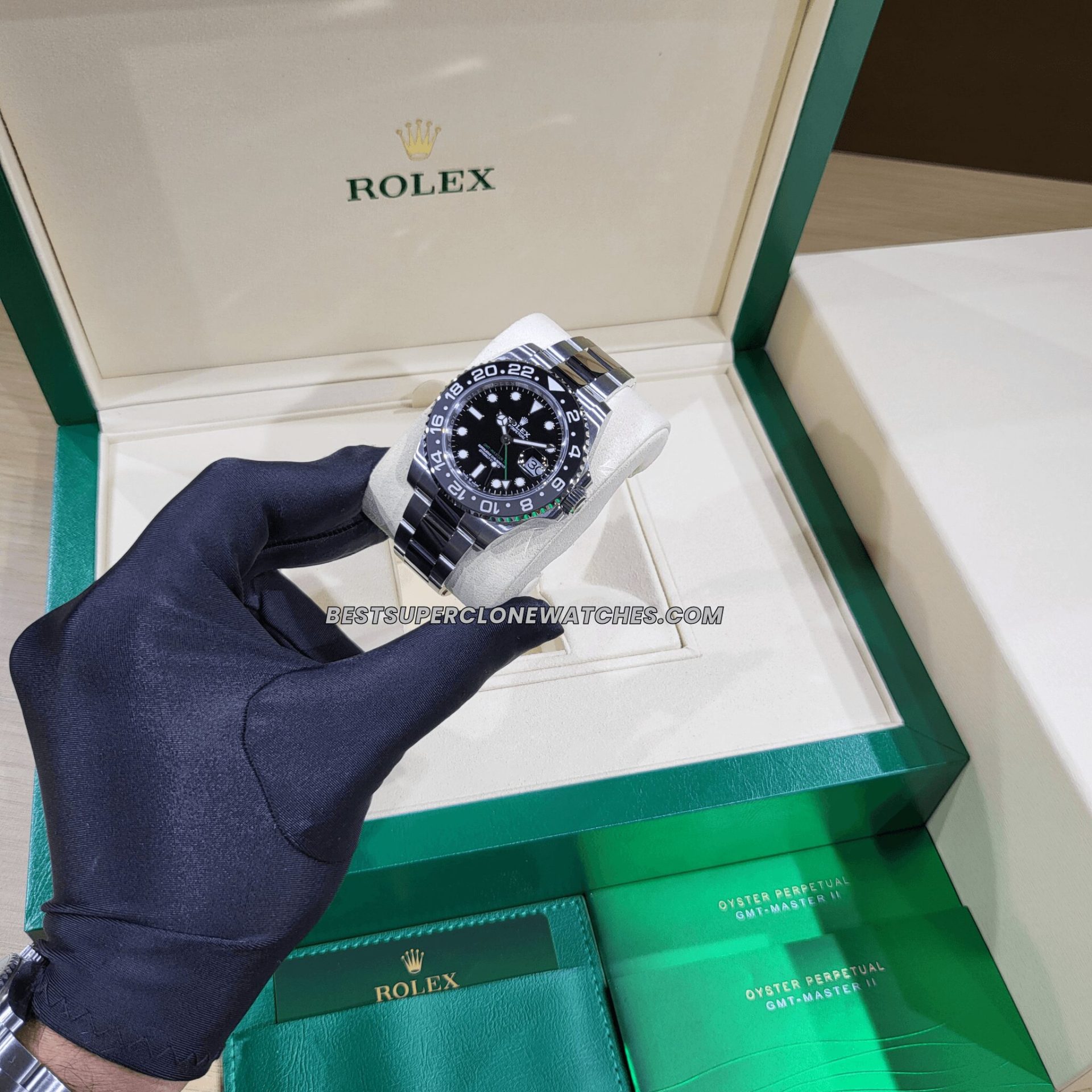 Luxury fake Rolex GMT Master II with classic black dial and cyclops date magnifier