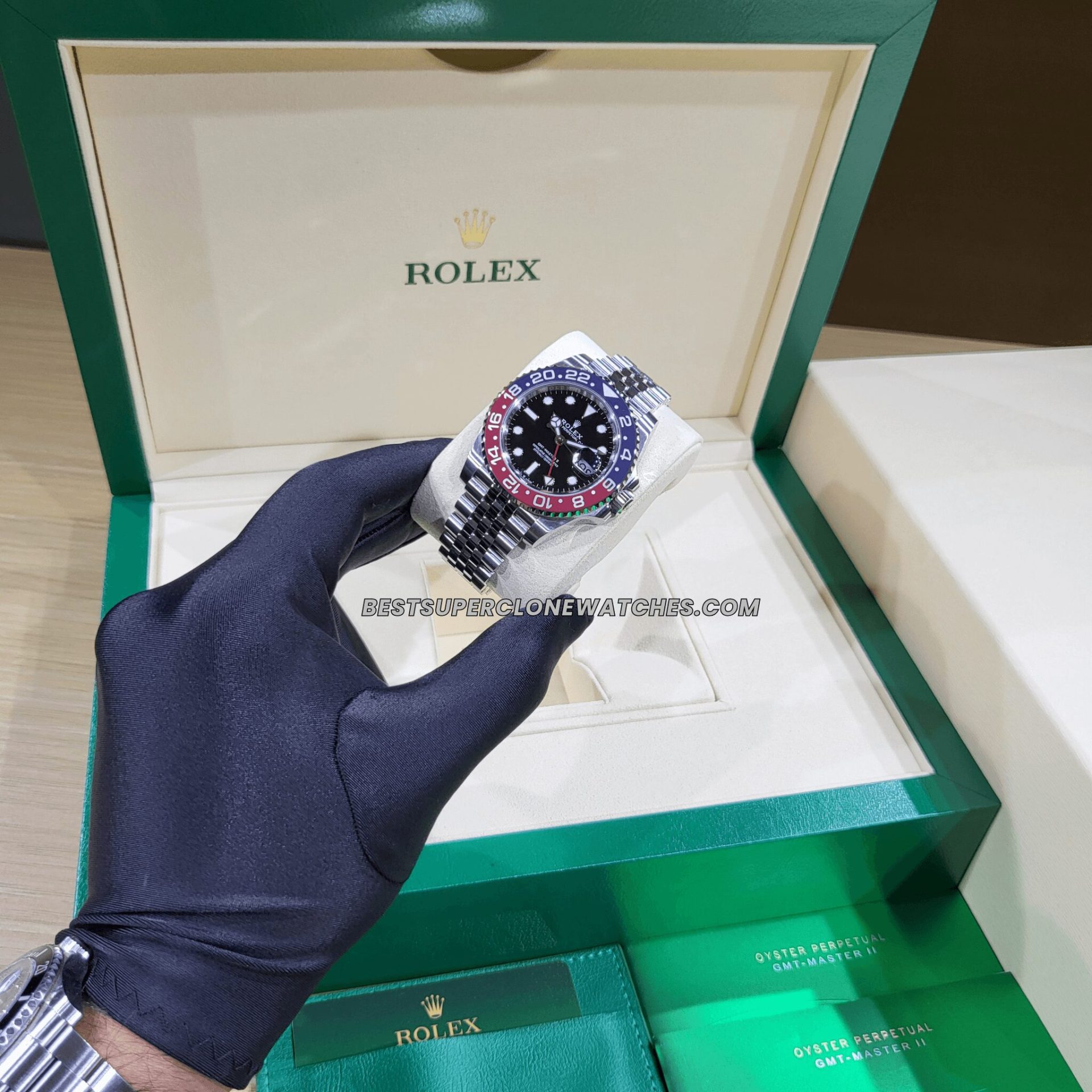 Replica Rolex GMT Master II with 3285 clone movement and Pepsi bezel on jubilee bracelet