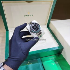 Close-up of Rolex GMT Master II super clone with left-hand crown and dual time zone bezel