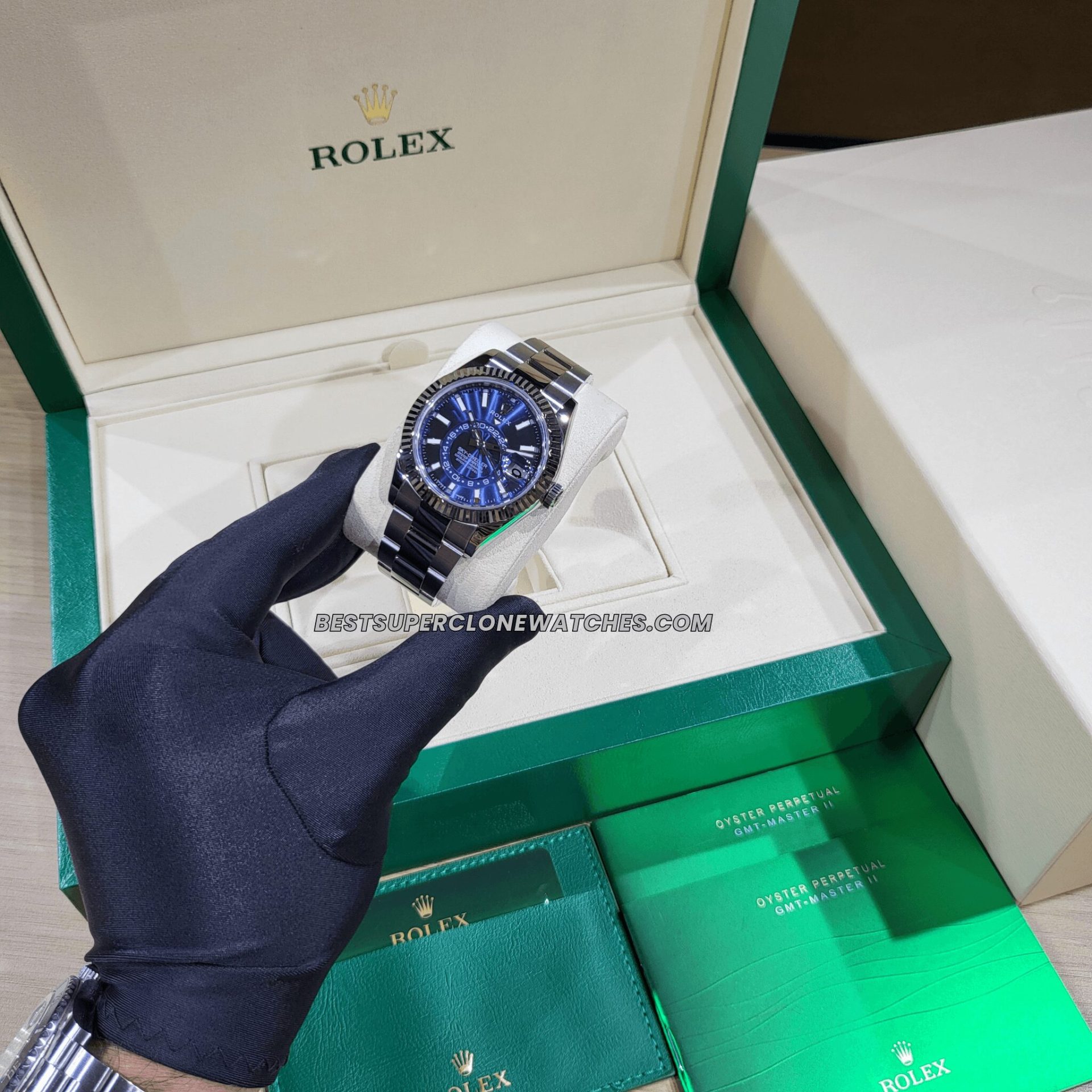 Back view showing cloned 9002 movement visible through sapphire case back on fake Rolex Sky-Dweller