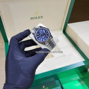Replica Rolex Sky-Dweller 336934 with bright blue dial, two-tone case, and high-quality Swiss movement imitation