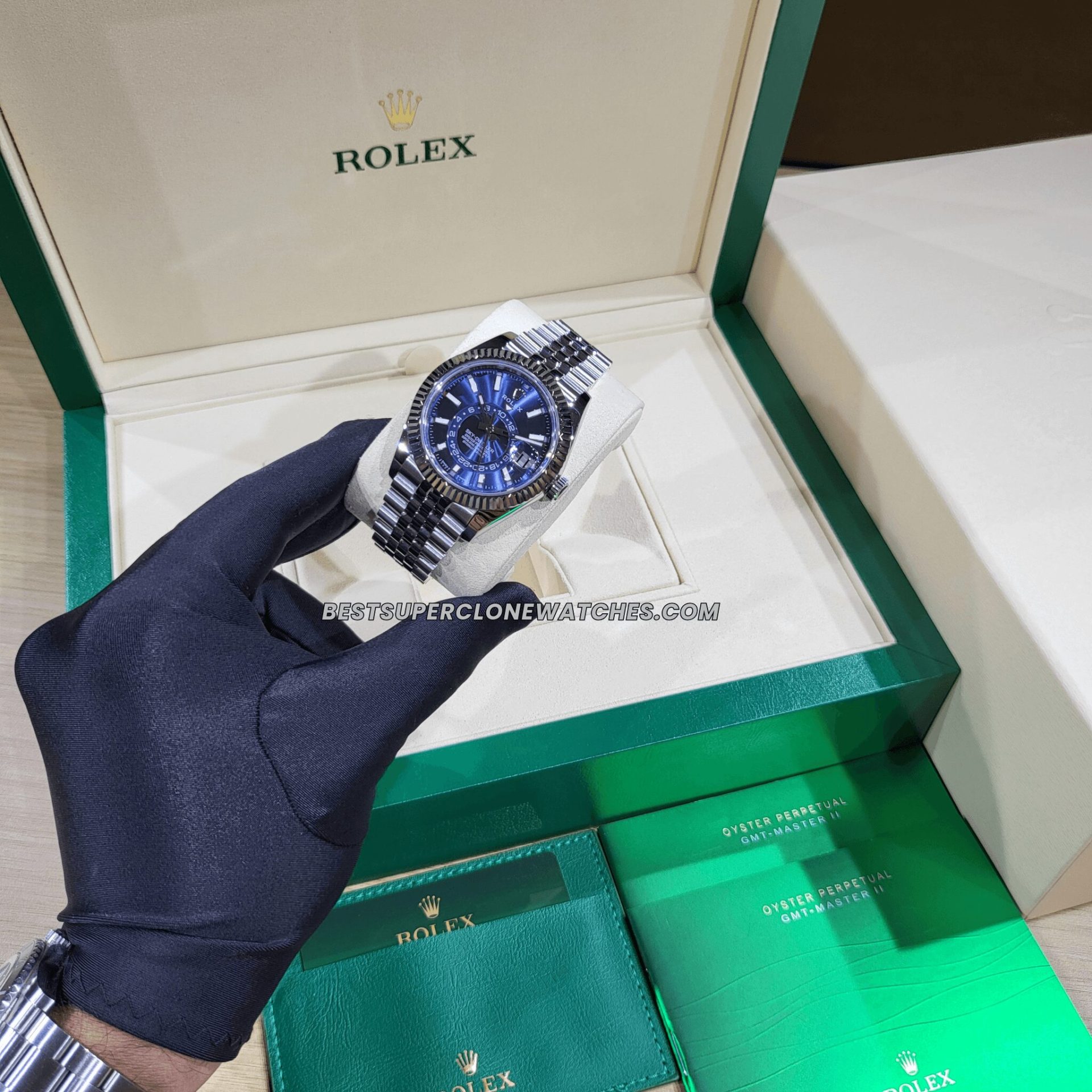 Fake Rolex Sky-Dweller with Oystersteel and white gold combination, featuring a bright blue dial and date display