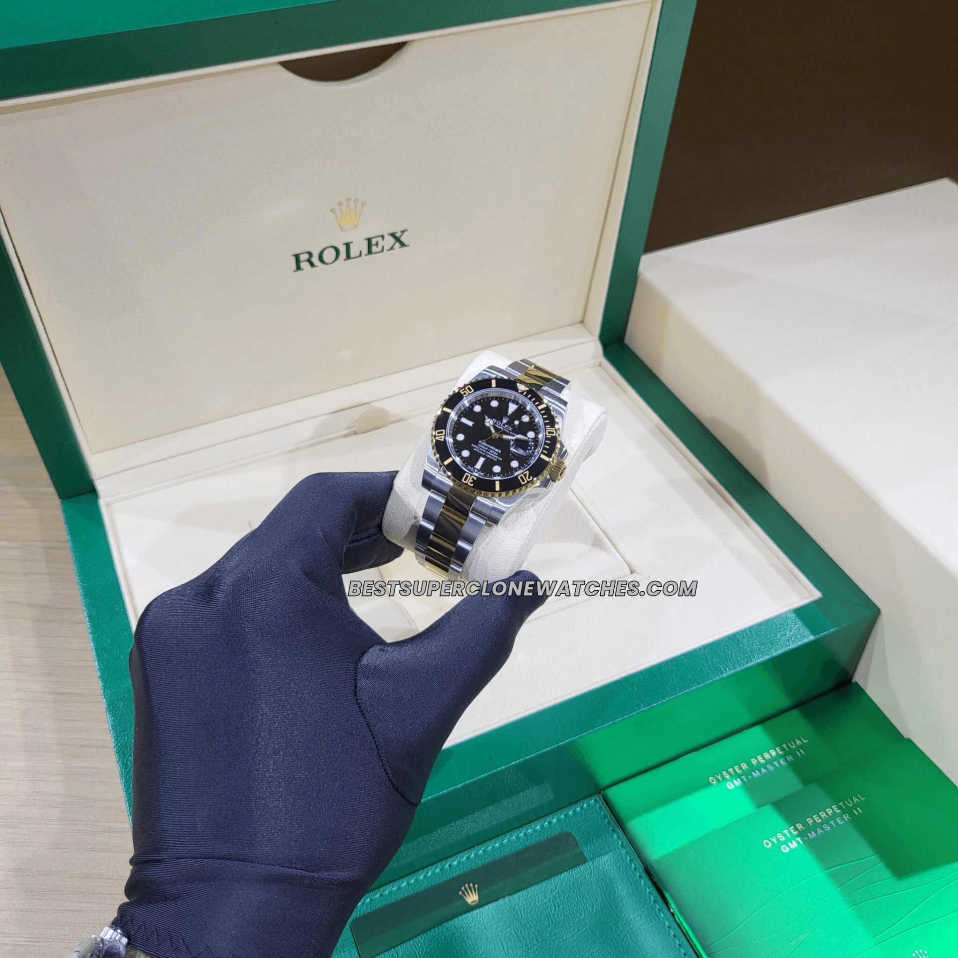 Front view of Rolex Submariner super clone with iconic Mercedes hands