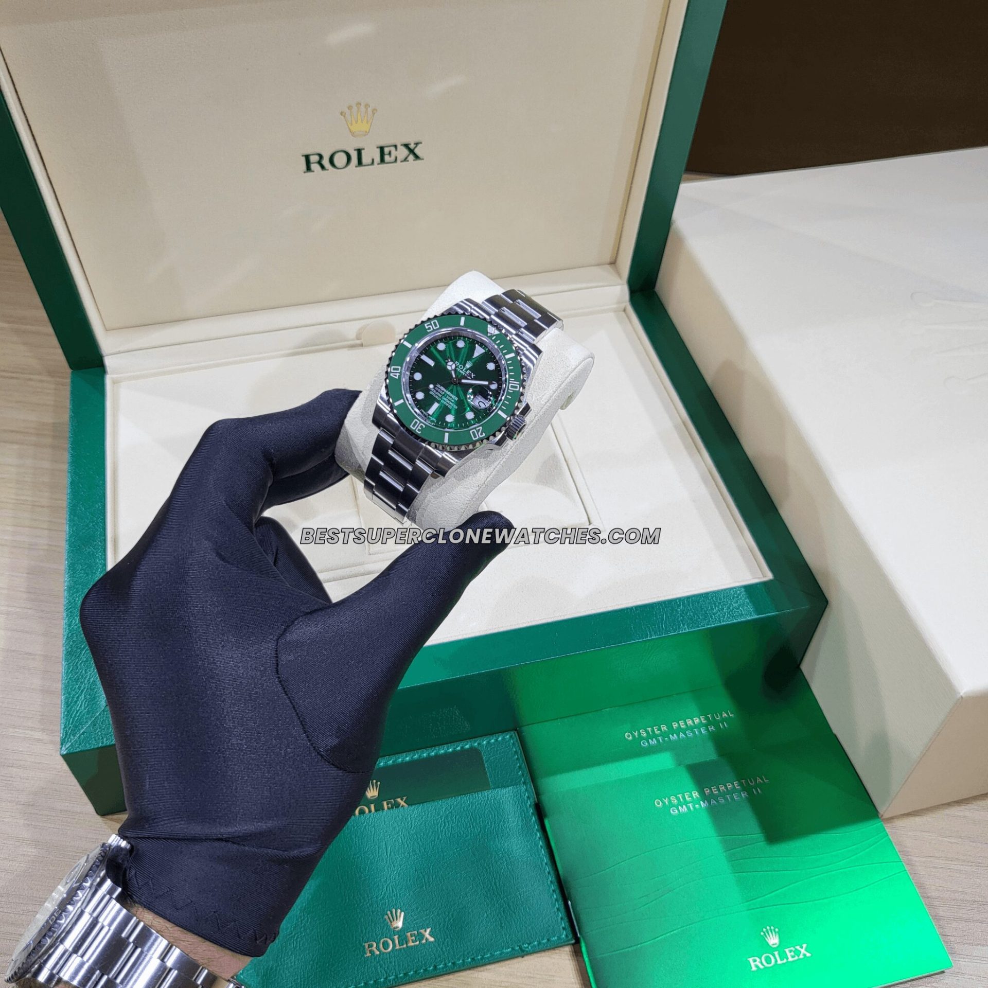 Detailed view of the fake Rolex Submariner Ref-116610LV with green dial, Oystersteel case, and Swiss 3135 movement—premium super clone.