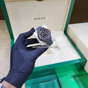 Swiss super clone Rolex Yacht-Master 126655 with Everose gold and black bezel paired with Oysterflex strap